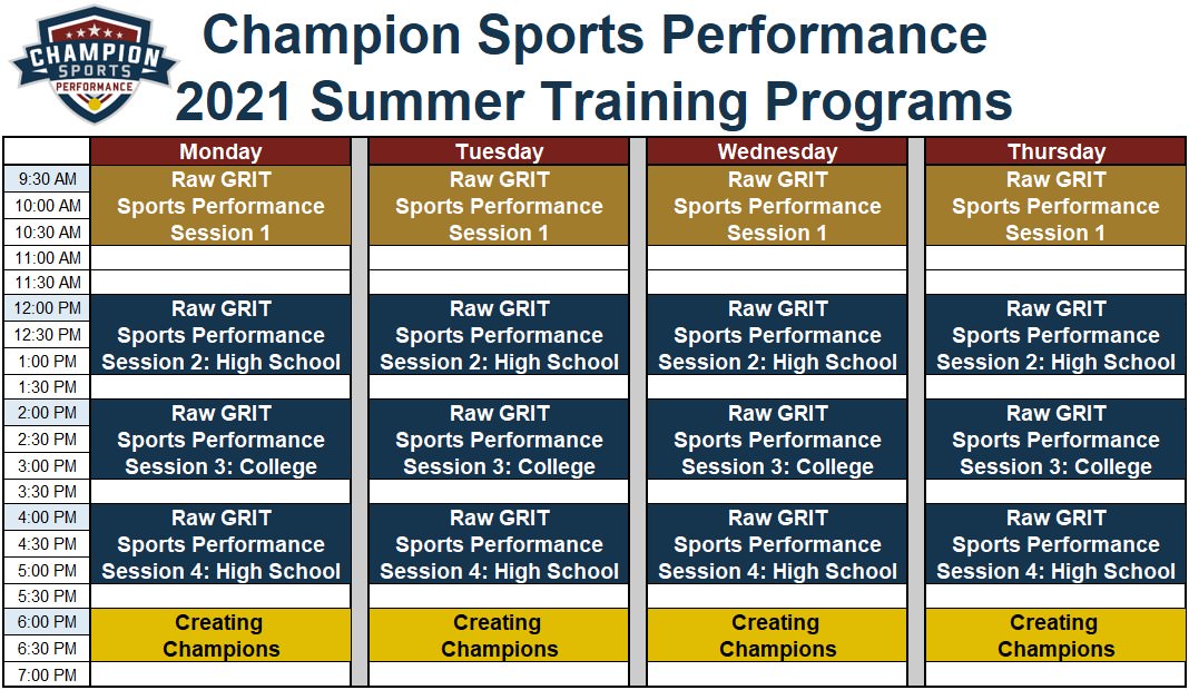 2021 Summer Training Program Schedule