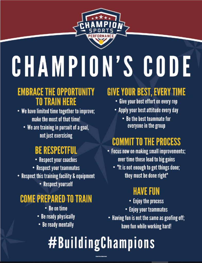 Champion's Code
-Embrace The Opportunity To Train Here
-Be Respectful
-Come Prepared To Train
-Give Your Best, Every Time
-Commit To The Process
Have Fun