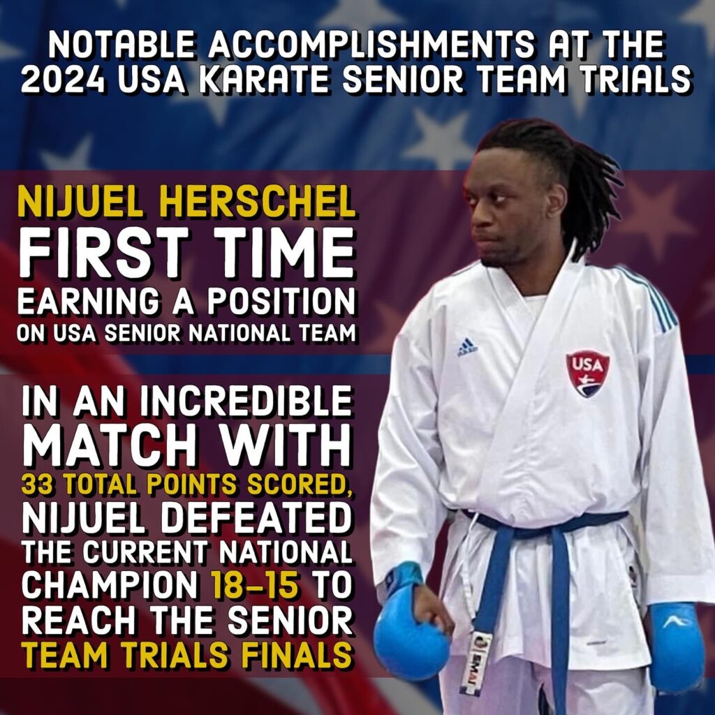 Nijuel Herschel earned a place on the National Team in spectacular fashion. In an incredible match with an astonishing 33 total points scored, Nijuel defeated the current National Champion 18-15 to reach the Senior Team Trials finals and secure his place on the team.